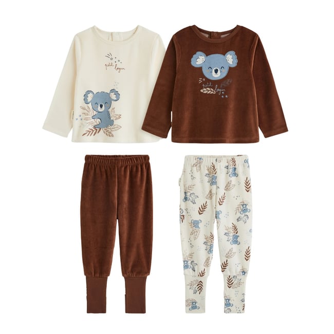 Lot de 2 pyjamas bébé 2 pièces en velours à pieds retroussables Mathéo marron <span itemprop=
