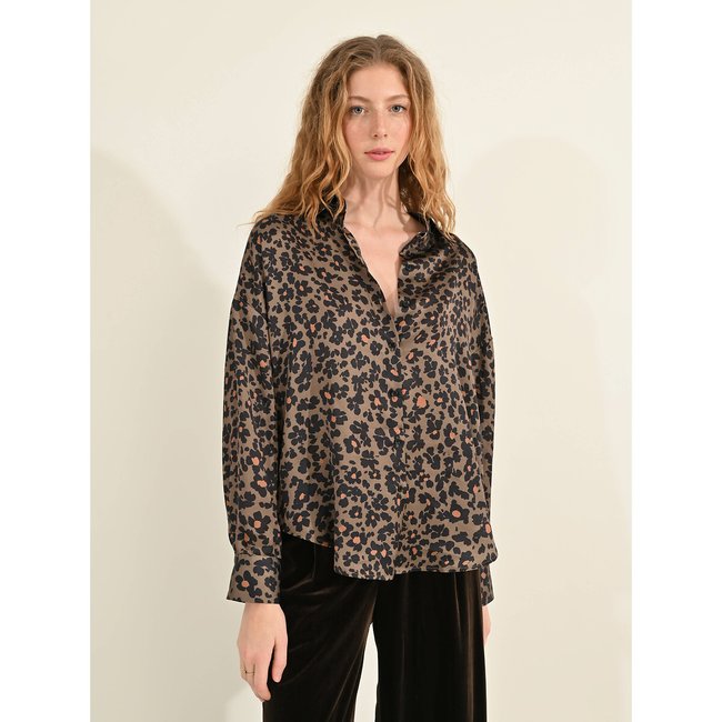 Camisa estampada de corte amplio, satinada caqui <span itemprop=