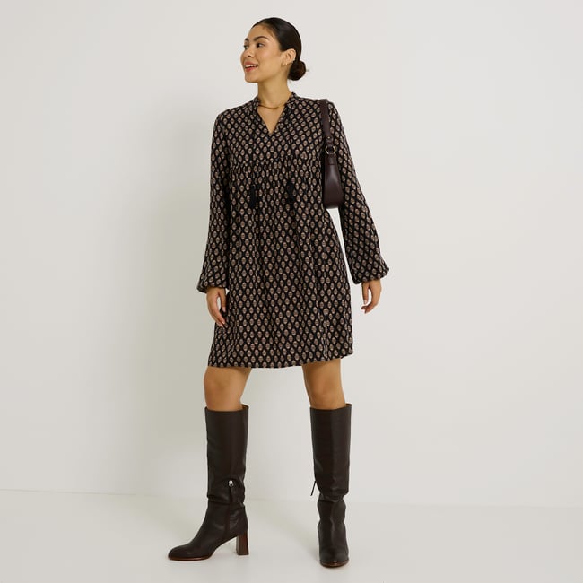 Robe imprimée col V noir <span itemprop=