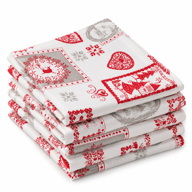 Lot de 6 serviettes de table coton -chalet montagne WINTER blanc <span itemprop=
