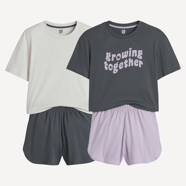 Lot de 2 pyjashorts en coton gris + parme + écru <span itemprop=
