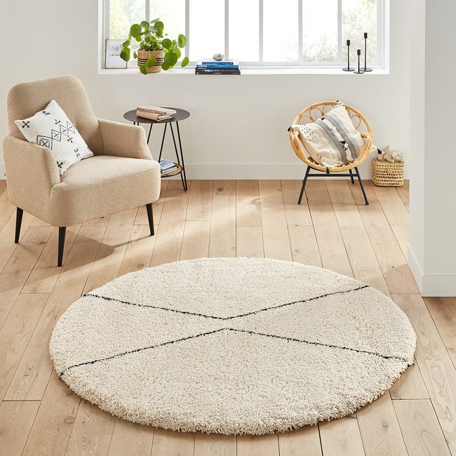 Alfombra circular estilo bereber Luna crudo <span itemprop=