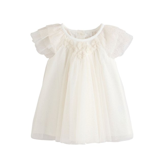 Robe bébé en tulle à volant scintillant maille blanche <span itemprop=