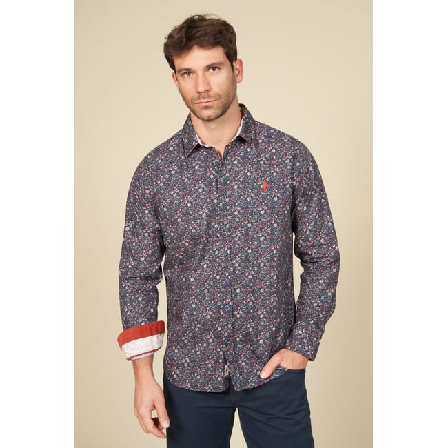 Chemise imprimée motif fleurs des bois bleu marine <span itemprop=