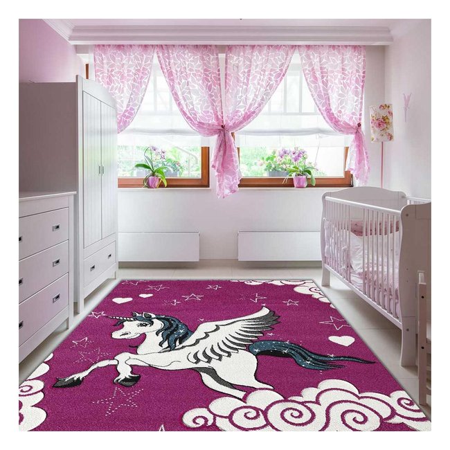 Tapis enfant tissé LICORNE A Couleur fuchsia <span itemprop=