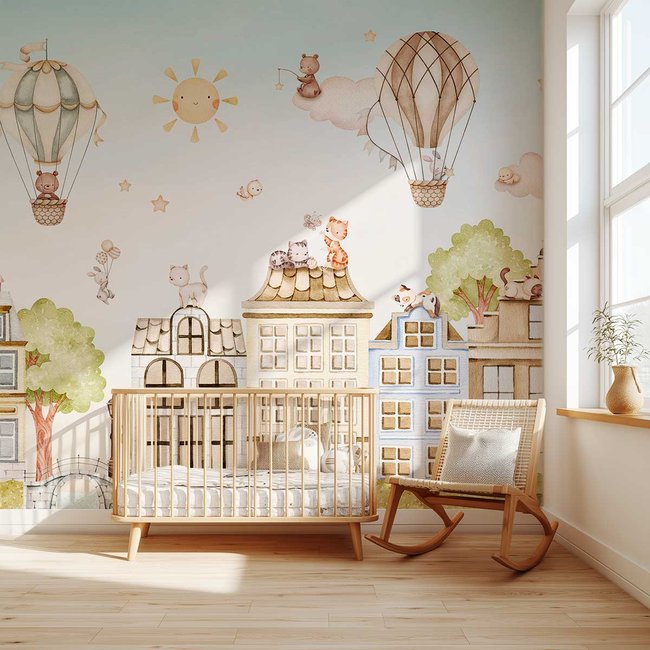 Papier peint chat chambre enfant - Chats sur les Toits Couleur bleu <span itemprop=
