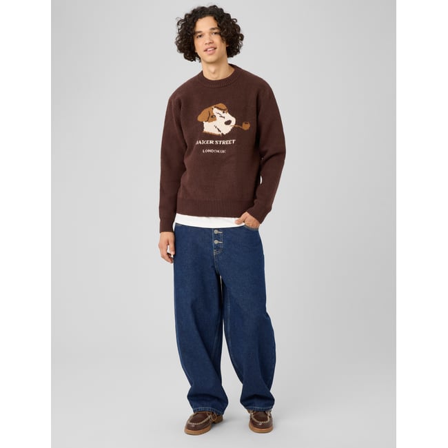 Pull col rond jacquard marron foncée <span itemprop=