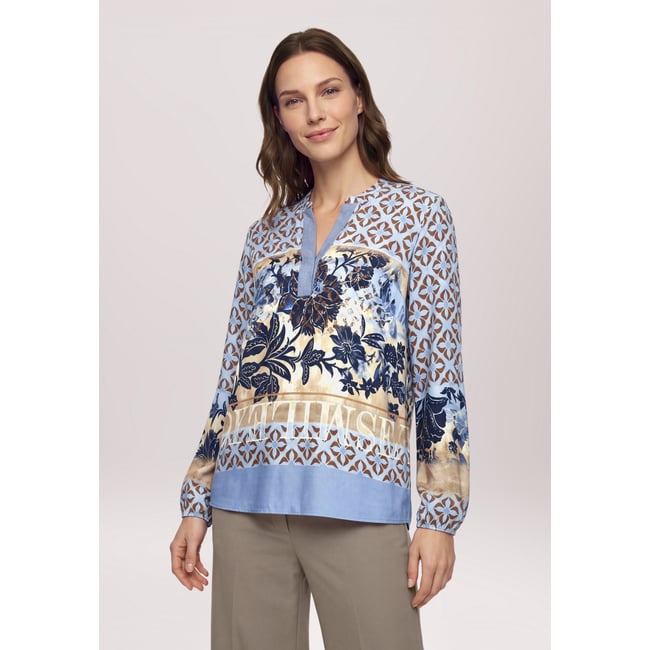 Chemisier long à col droit bleu/beige <span itemprop=