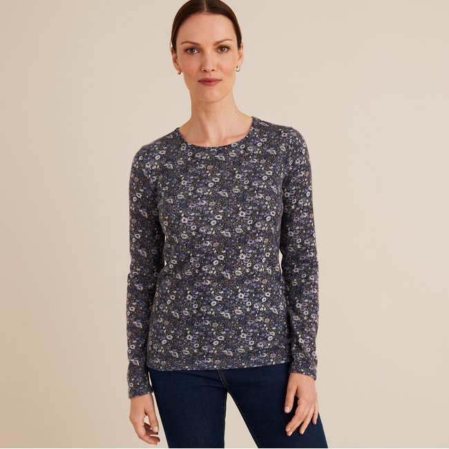 Gemustertes Shirt aus weich angerautem Thermo-Material blau/geblümt <span itemprop=