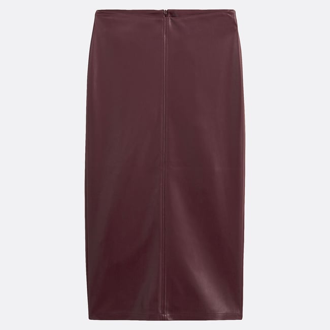 Jupe crayon, longueur midi, en simili  rouge bordeaux <span itemprop=