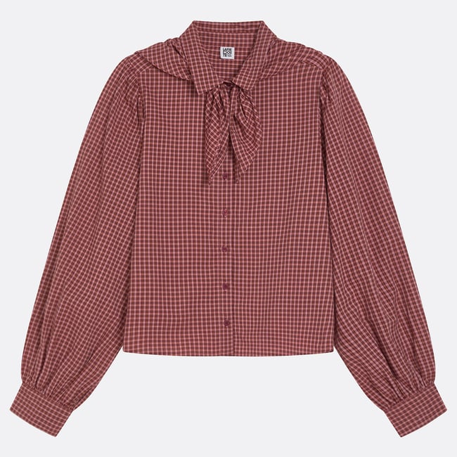 Chemise à carreaux col foulard manches longues carreaux bordeaux <span itemprop=