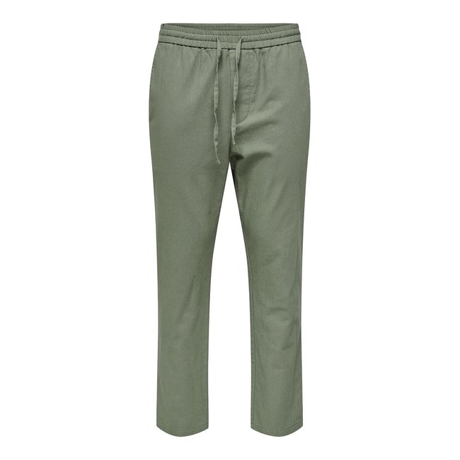 Calças com cordão de apertar, em algodão e linho verde <span itemprop=