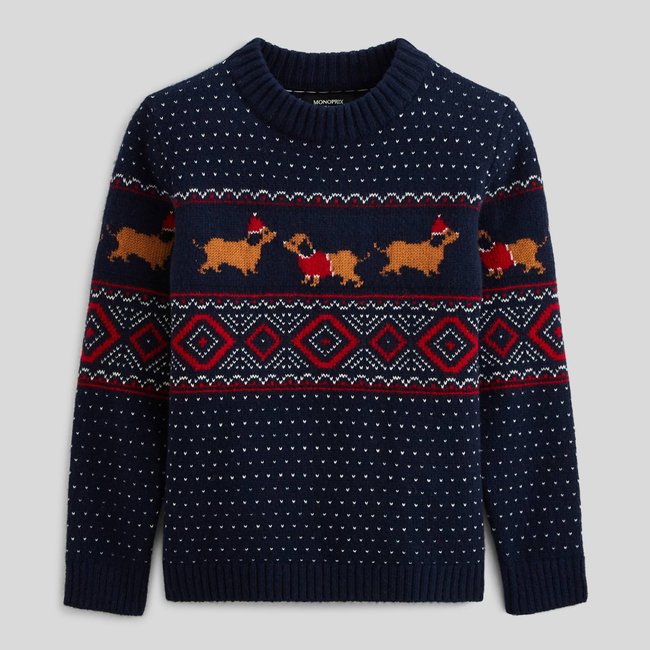 Pull col rond en 100% laine marine <span itemprop=