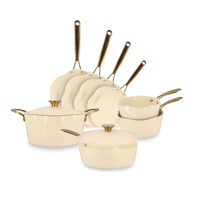 Batterie de cuisine 8 pièces en aluminium recyclé, DAHLIA beige <span itemprop=