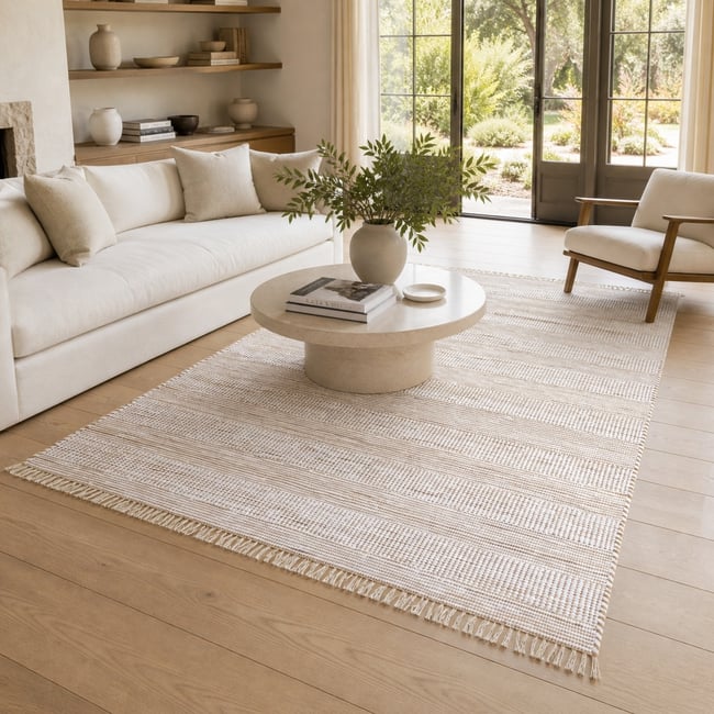 Tapis à franges en coton et jute  motif rayé  TOFOU Couleur blanc naturel <span itemprop=