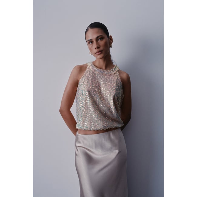 TOP À SEQUINS beige <span itemprop=