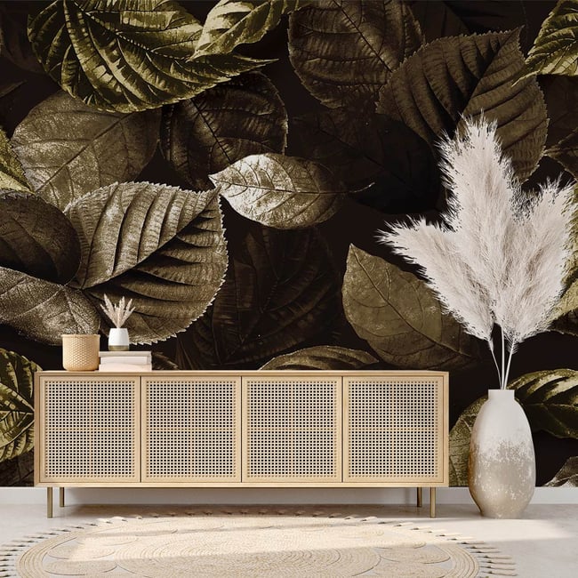 Papier peint panoramique feuilles metallisees Couleur intissé <span itemprop=