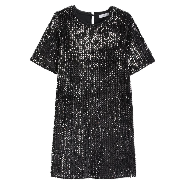 Recycled Sequin Shift Dress with Short Sleeves, black, LA REDOUTE COLLECTIONS
