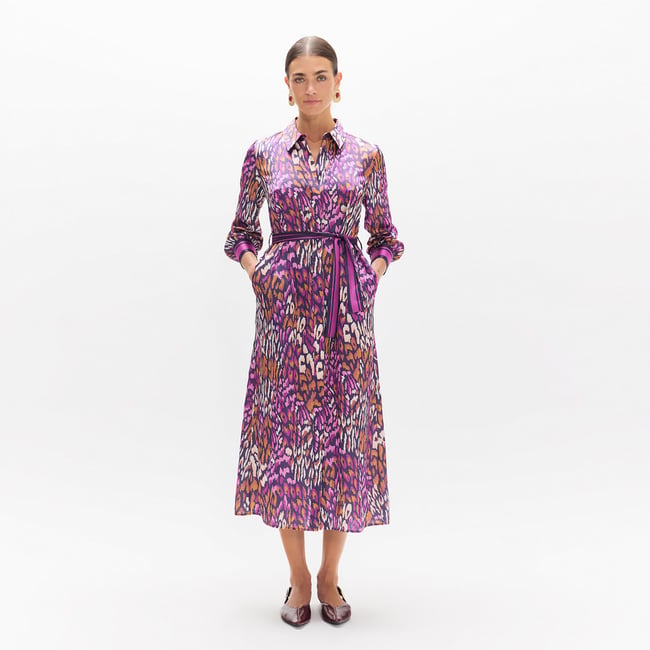 Robe chemise longue à  imprimé animal à  ceinture parme <span itemprop=