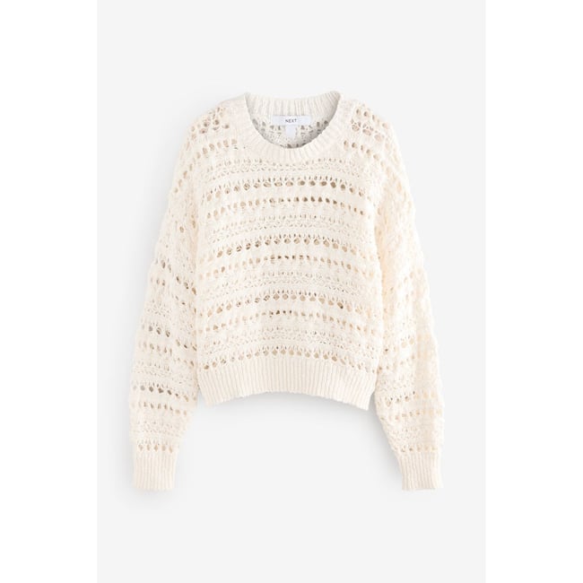 Pull ras du cou 100 % coton à manches longues blanc ecru <span itemprop=