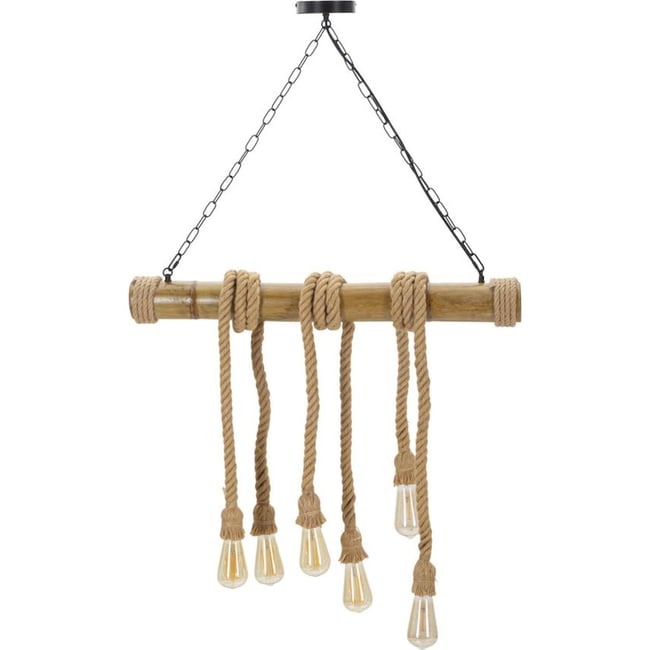 Suspension bohème en bambou et corde 6 lumières Couleur marron naturel et noir <span itemprop=
