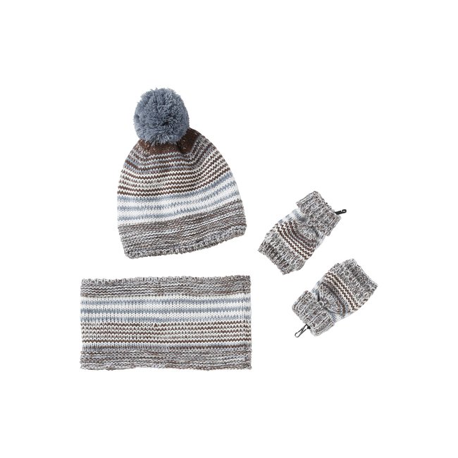Ensemble bonnet + snood + moufles/mitaines jacquard chocolat <span itemprop=