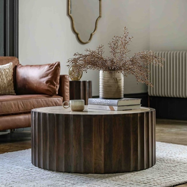 Cypress Travertine & Mango Wood Coffee Table, dark wood, ÉDITÉ