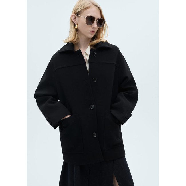 Manteau midi laine boutons noir <span itemprop=
