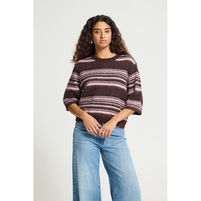 Pull en maille manches longues marron fudge w pink stripes <span itemprop=