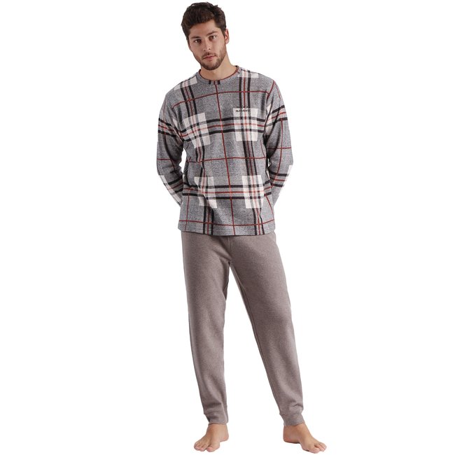Pyjama pantalonhaut manches longues Tartan marron <span itemprop=