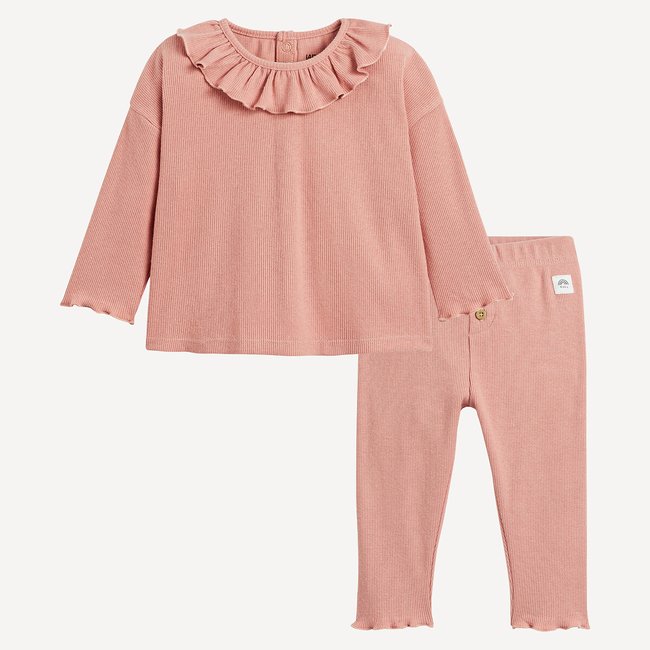Conjunto de 2 piezas de camiseta y legging de canalé rosa <span itemprop=