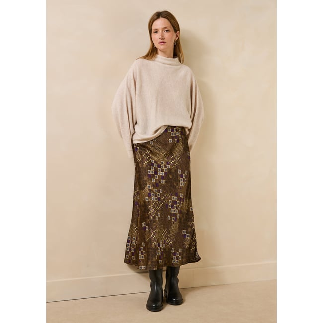 Jupe midi trapèze en satin à imprimé olive/cassis <span itemprop=