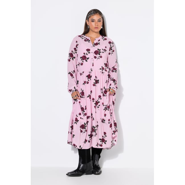Robe midi, coupe trapèze, imprimé de roses vieux rose <span itemprop=