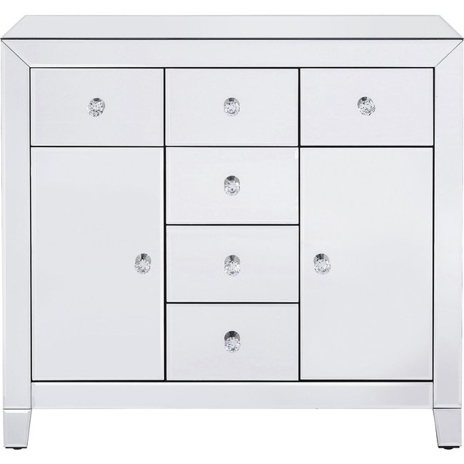 Commode 2 portes 6 tiroirs en verre miroir, LUXURY Couleur argent <span itemprop=