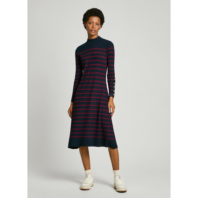 Robe longue marinière, col montant HARLEM marine/rouge <span itemprop=
