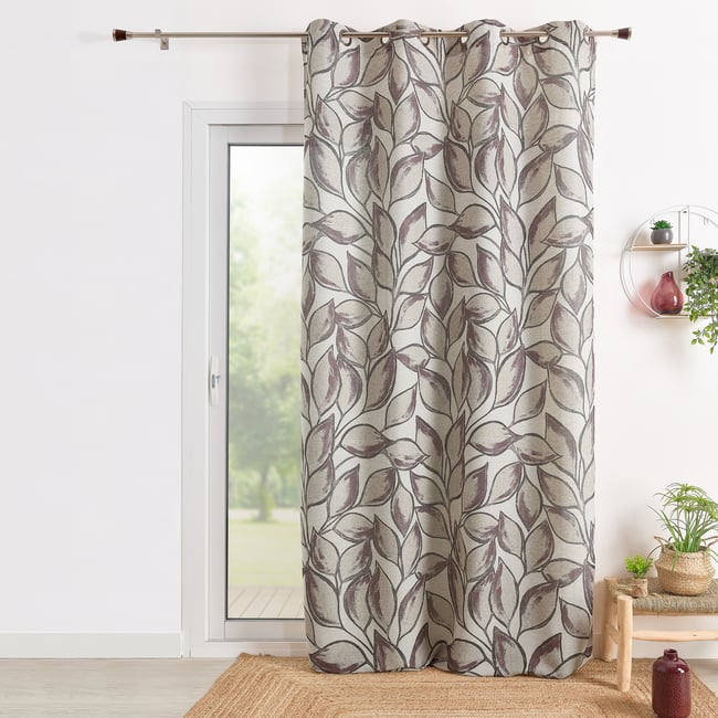 Rideau poly-lin imprimé feuilles aquarelle - QABANE prune <span itemprop=