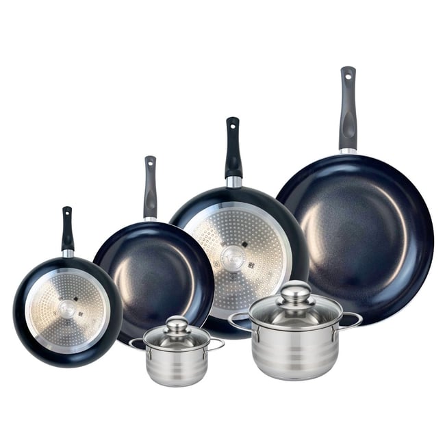 4 poêles 20/24/28/32cm + 2 faitouts 12/16cm PRIMA BRILLANT noir <span itemprop=