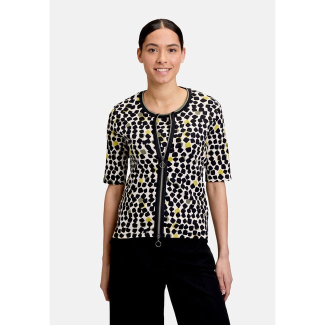 Cardigan façon t-shirt de texture côtelée beige/noir <span itemprop=