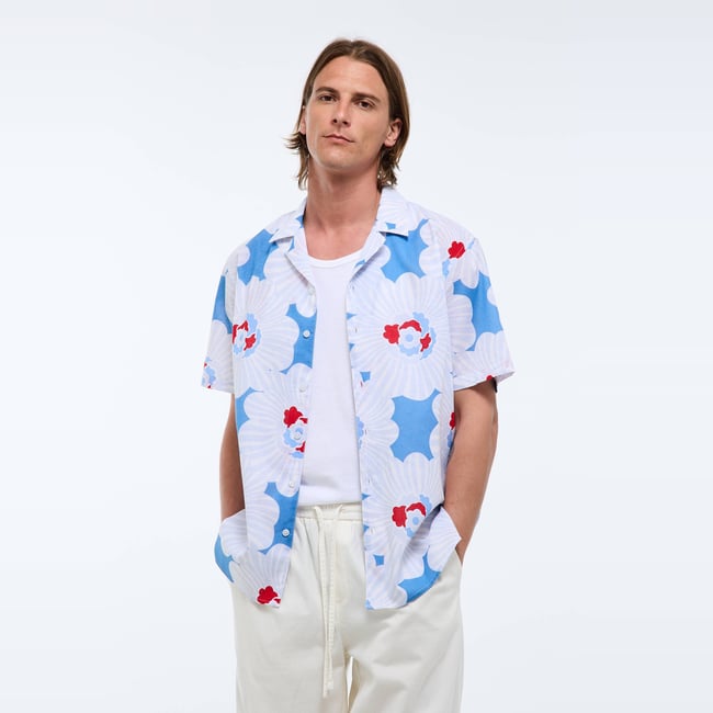 Chemise manches courtes col cuba imprimée en coton bio GOTS riviera <span itemprop=