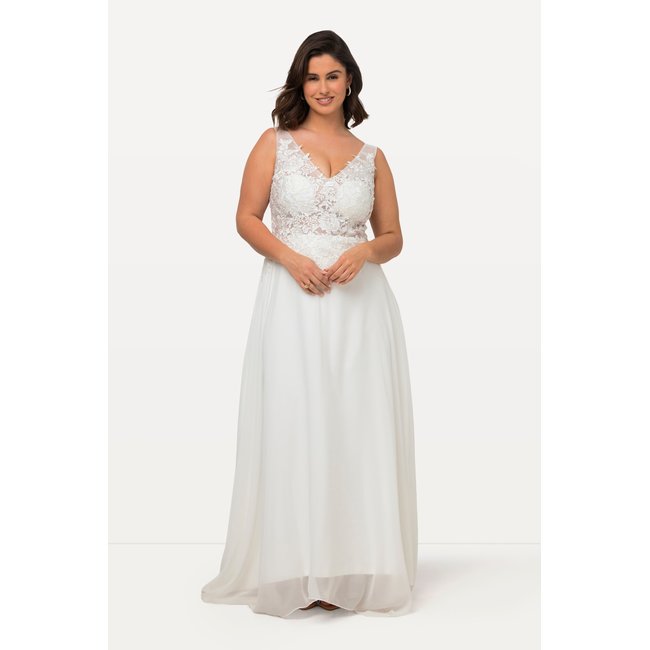 Robe de mariée sans manches. Col en V et blanc cassé <span itemprop=