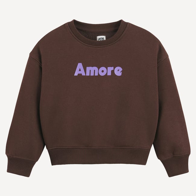 Sweat col rond en molleton, message Amore marron <span itemprop=