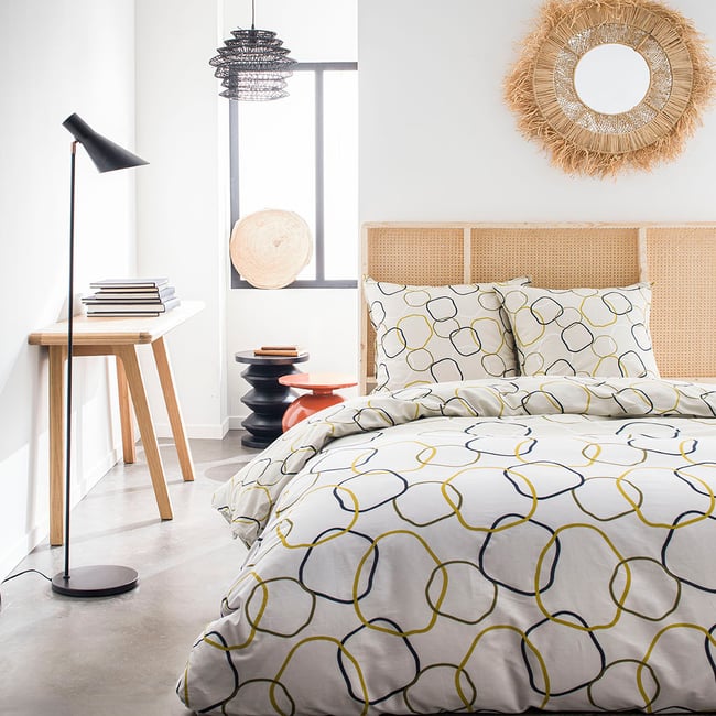 Parure de lit coton 2 personnes imprimé graphique SUNSHINE beige <span itemprop=
