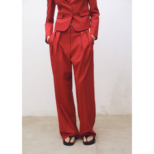 Pantalon costume wideleg laine mélangée rouge <span itemprop=
