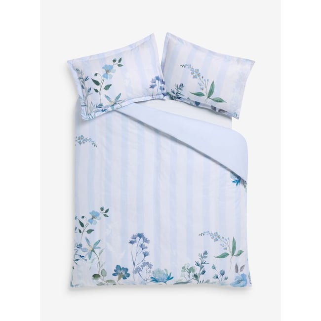 Parure de lit à rayures et fleurs bleu <span itemprop=