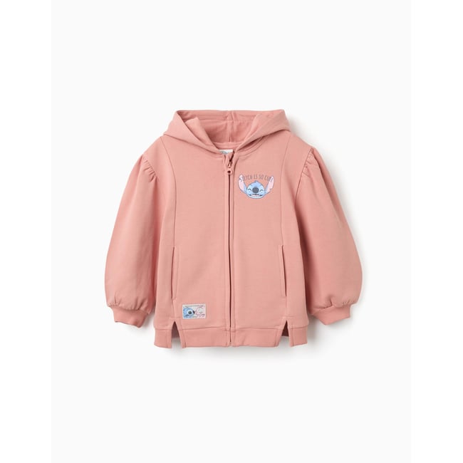 Sweat zippé en coton peigné en molleton avec capuche et imprimés Stitch rose <span itemprop=