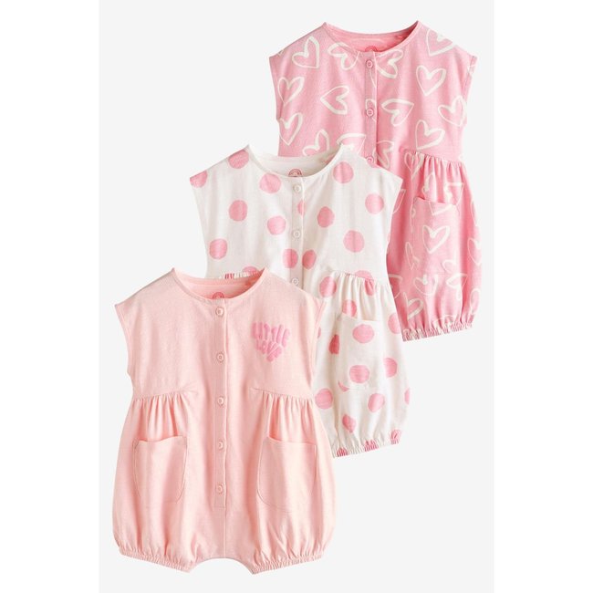 Barboteuse bébé boutonnée, lot de 3 imprimé rose/blanc <span itemprop=