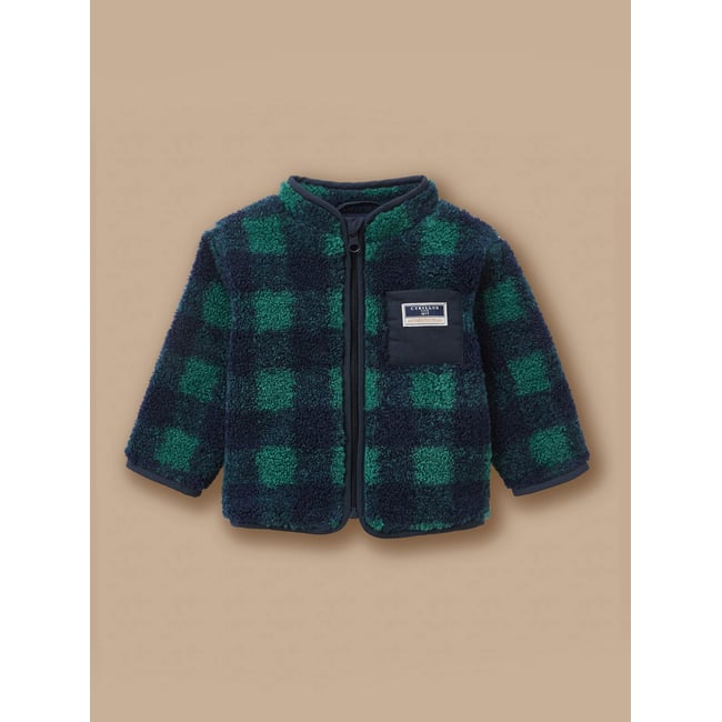 Gilet carreaux en sherpa carreaux marine/vert <span itemprop=