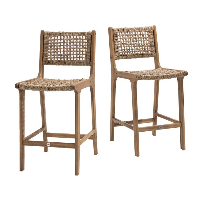 Lot de 2 tabourets de bar intérieur/extérieur en bois d'acacia et résine tressée H76cm - Lexia bois clair <span itemprop=