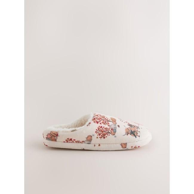 Chaussons mules imprimés effet pelucheux crème/orange <span itemprop=