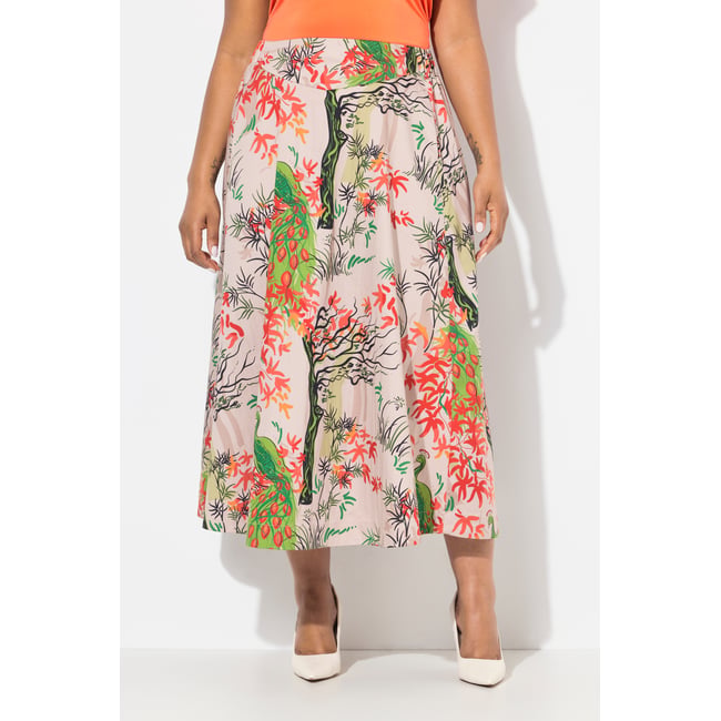 Jupe à fleurs. Taille confortable et poches. pêche claire <span itemprop=